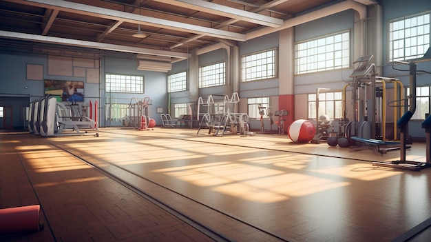 Una foto de un gimnasio con equipos deportivos