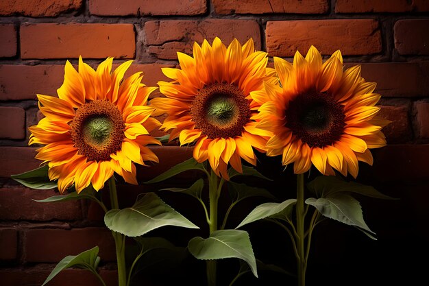 Foto foto de girasoles contra una pared de ladrillo