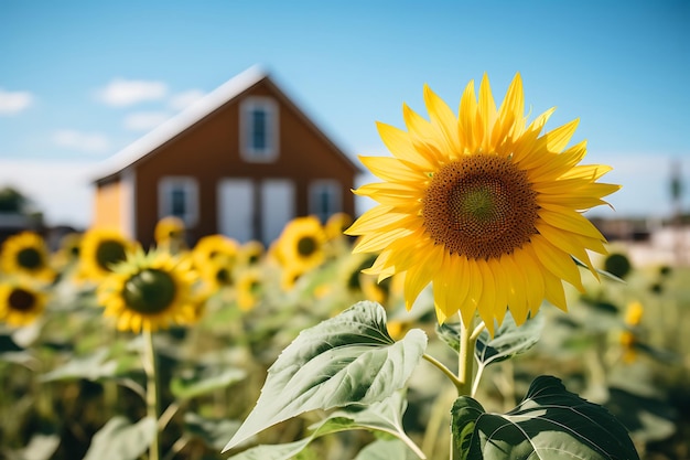 Foto de girasoles con una granja en el fondo