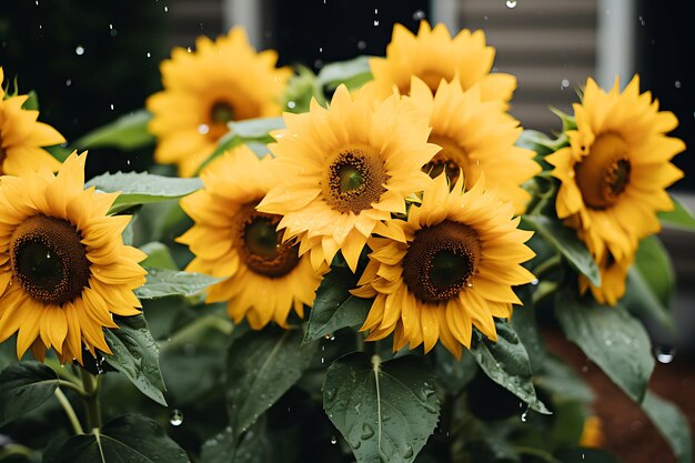 Foto de girasoles con una manguera de jardín