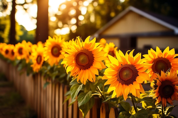 Foto de girasoles y una valla rústica