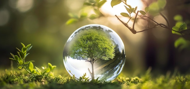 Foto-Glaskugel mit wachsendem Baum und grüner Natur, verschwommener Hintergrund, Öko-Tag der Erde-Konzept, generiert KI