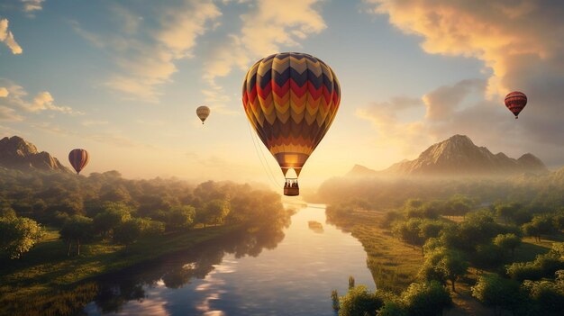 Una foto de un globo de aire caliente despegando temprano en la mañana