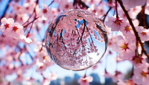 Una foto de un globo de vidrio que refleja las flores de cerezo circundantes