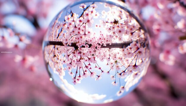 Foto una foto de un globo de vidrio que refleja las flores de cerezo circundantes