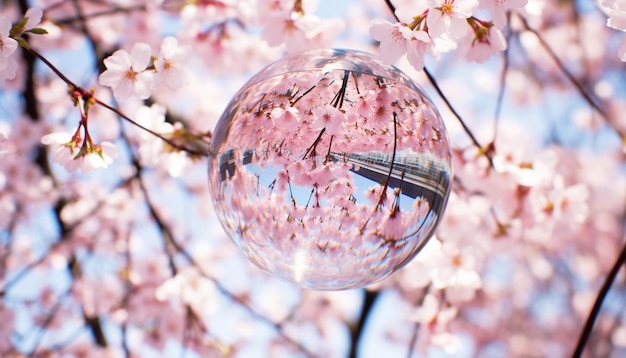 Una foto de un globo de vidrio que refleja las flores de cerezo circundantes