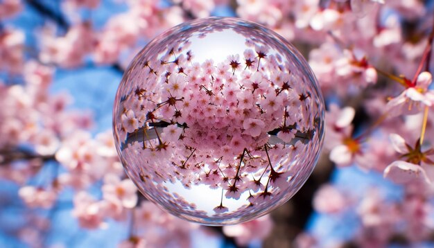 Foto una foto de un globo de vidrio que refleja las flores de cerezo circundantes