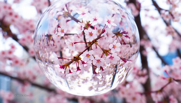Una foto de un globo de vidrio que refleja las flores de cerezo circundantes