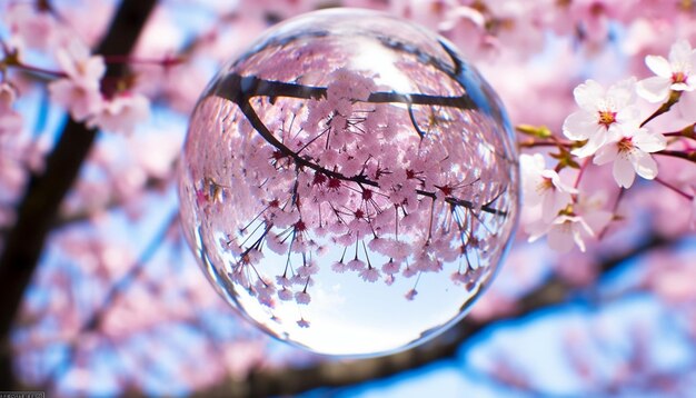 Una foto de un globo de vidrio que refleja las flores de cerezo circundantes