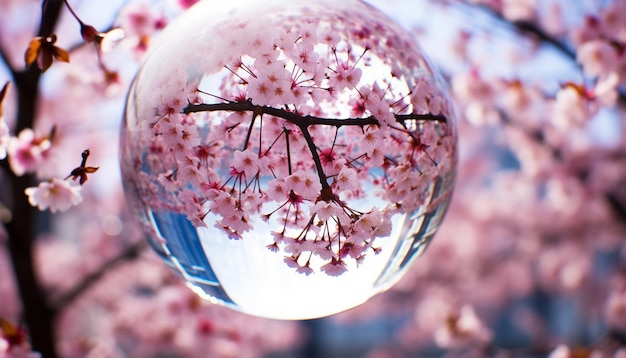 Una foto de un globo de vidrio que refleja las flores de cerezo circundantes