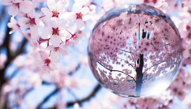 Foto una foto de un globo de vidrio que refleja las flores de cerezo circundantes