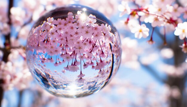 Una foto de un globo de vidrio que refleja las flores de cerezo circundantes