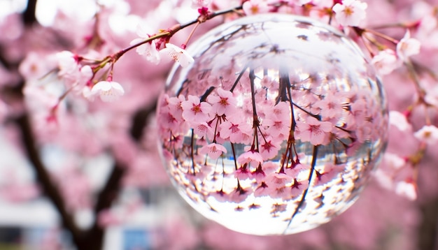 Foto una foto de un globo de vidrio que refleja las flores de cerezo circundantes