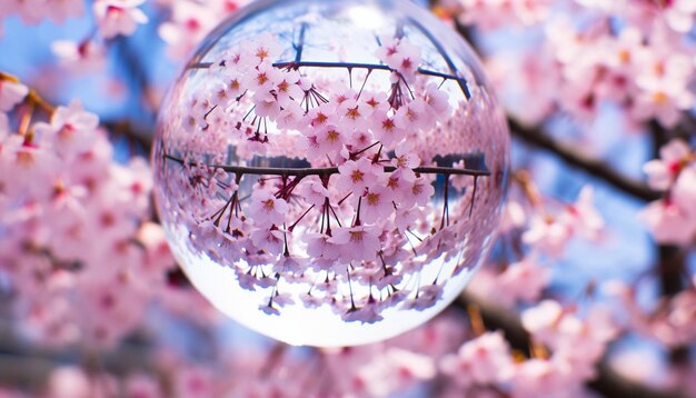 Una foto de un globo de vidrio que refleja las flores de cerezo circundantes