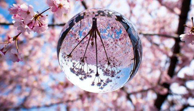 Una foto de un globo de vidrio que refleja las flores de cerezo circundantes