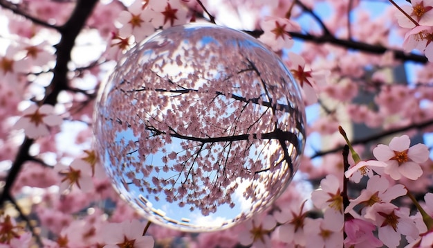 Foto una foto de un globo de vidrio que refleja las flores de cerezo circundantes