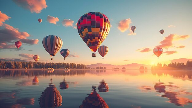 Una foto de globos de aire caliente que proyectan reflejos en el agua