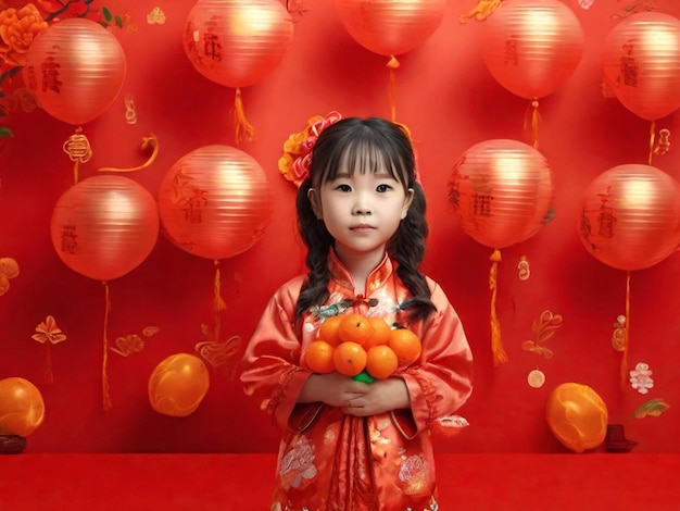 Una foto de globos y mandarinas para el estado de ánimo posando linda chica asiática generada por una imagen