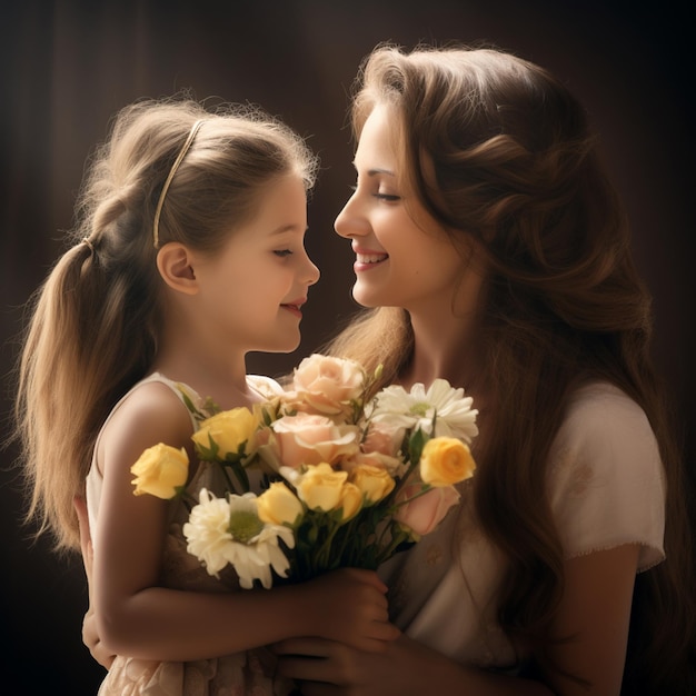 Foto Glücklicher Muttertag Kind Tochter gratulieren Mutter und geben ihr Blumen