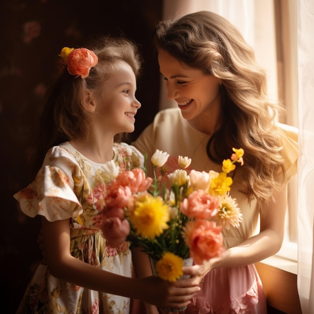 Foto Glücklicher Muttertag Tochter gratuliert Mutter und gibt einen Blumenstrauß an