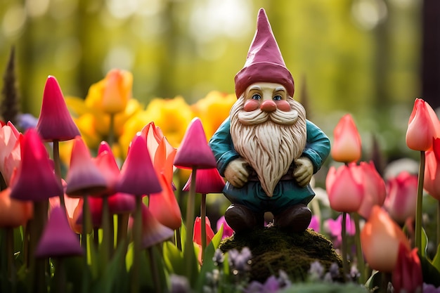 Foto foto de un gnomo de jardín caprichoso en un mar de tulipanes jardín de flores