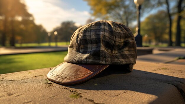 Foto una foto de una gorra clásica de periodista en un parque de la ciudad