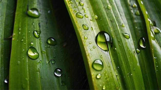 Foto de gotas de agua en una hoja de plátano