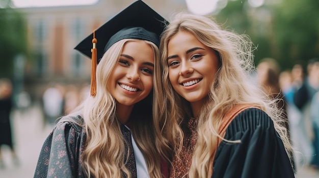 Foto de graduación Dos estudiantes con toga y birrete de graduación posan para una foto