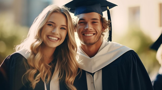 Foto de graduación Un hombre y una mujer con toga y birrete de graduación