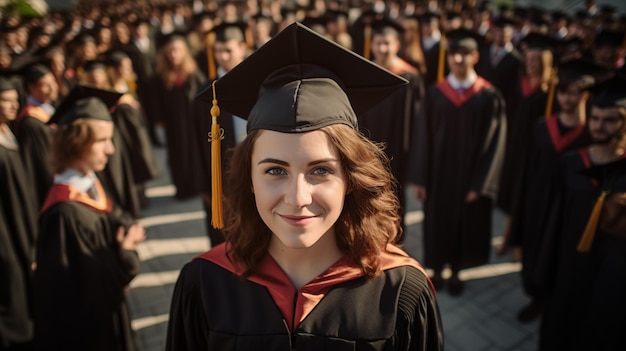 Una foto de graduación de una mujer mirando a la cámara