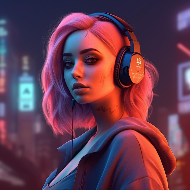 Una foto de gran angular de una chica ciberpunk rubia sin ojos azules brillantes en una ciudad de neón