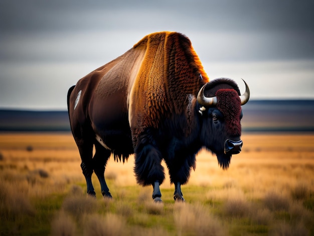 Foto de un gran bisonte parado en un campo baldío frente a una jungla capturada con una DSLR