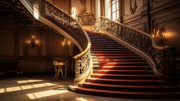 Una foto de una gran escalera con barandillas ornamentadas sombras dramáticas