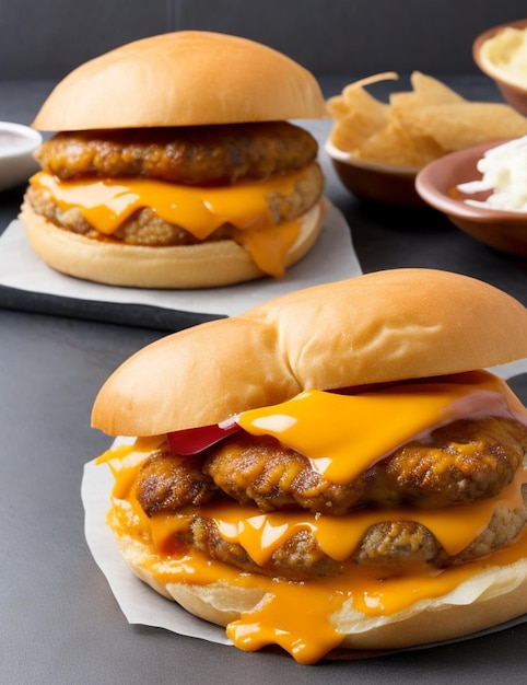 Foto de una gran hamburguesa de queso cheddar doble con chuleta de pollo con ingredientes voladores aislados en comida de Burger de madera