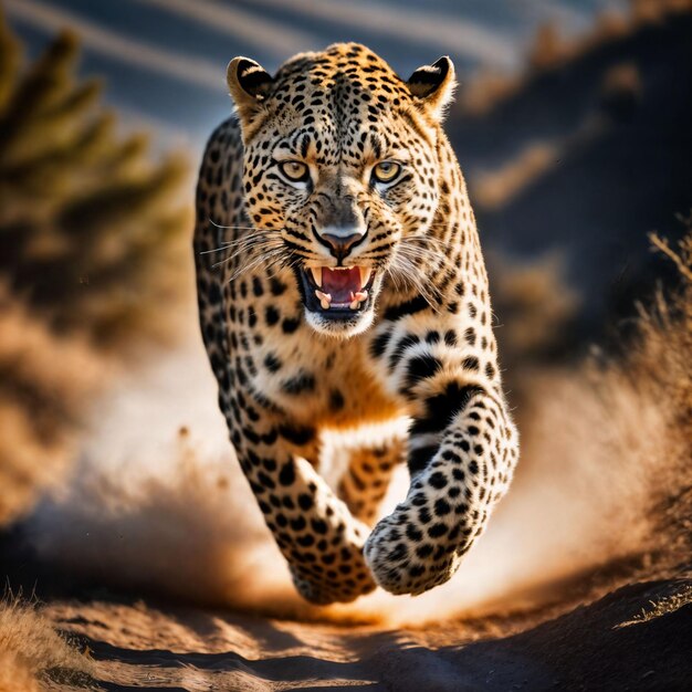 foto de un gran leopardo corriendo en el bosque IA generativa