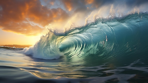 foto de las grandes olas rodando en la playa por la tarde IA generativa