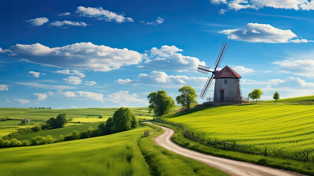 Una foto de una granja con un molino de viento en el fondo de los campos abiertos