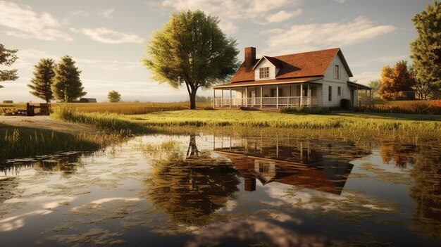 Foto una foto de una granja que refleja una vida tranquila