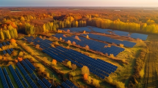 Una foto de una granja solar con un campo de árboles al fondo.