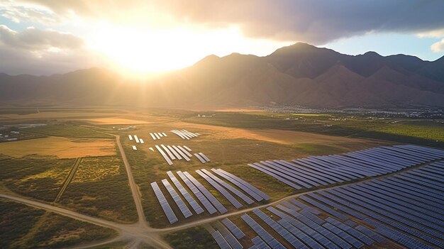 Una foto de una granja solar con montañas al fondo.