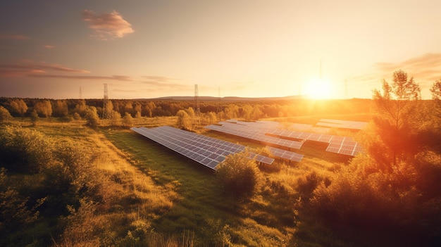 Una foto de una granja solar con una puesta de sol de fondo.