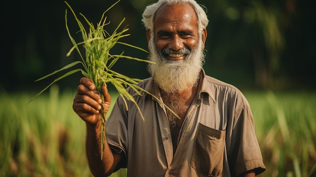 Foto de un granjero indio de mediana edad cosechando el arroz maduro generado por la IA