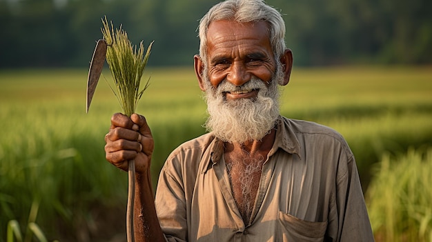 Foto de un granjero indio de mediana edad cosechando el arroz maduro generado por la IA