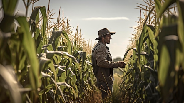 Una foto de un granjero inspeccionando un campo de maíz