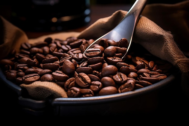 Foto de granos de café en una bolsa de café con una cuchara