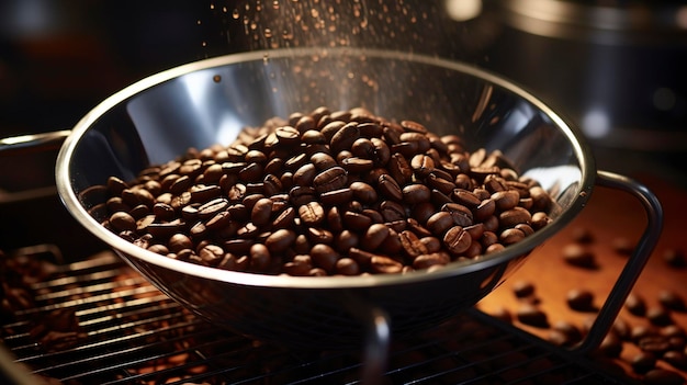 Una foto de granos de café en un colander después de tostar