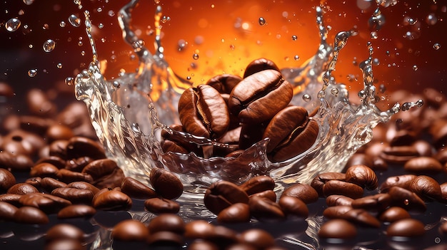 Foto de granos de café con salpicaduras de agua sobre un fondo blanco