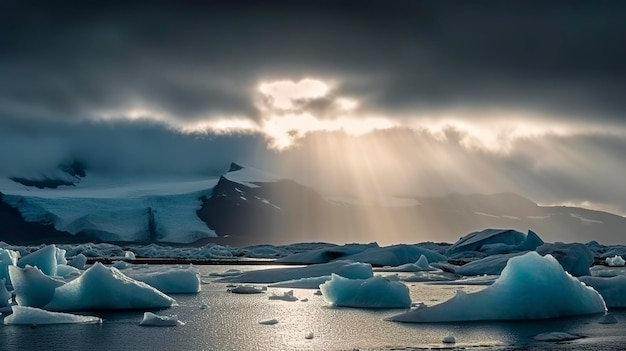 Foto grátis bela lagoa da geleira jokulsarlon na islândia com raios de sol de um céu nublado escuro generat ai