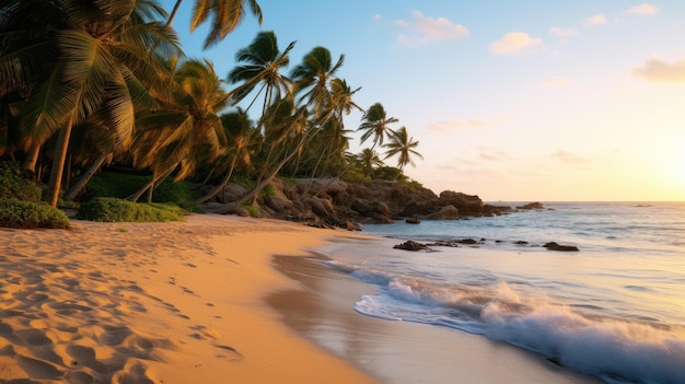 Foto gratis de una bonita playa con arena blanca, nubes, palmeras y olas.