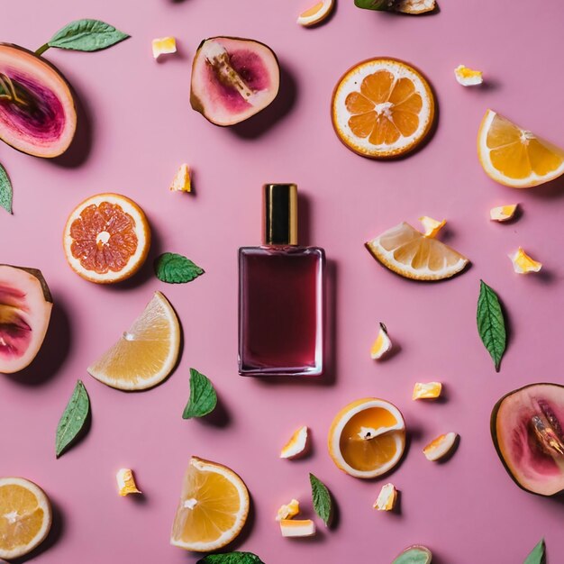 Foto gratis de botella de perfume sobre fondo de producto rosa